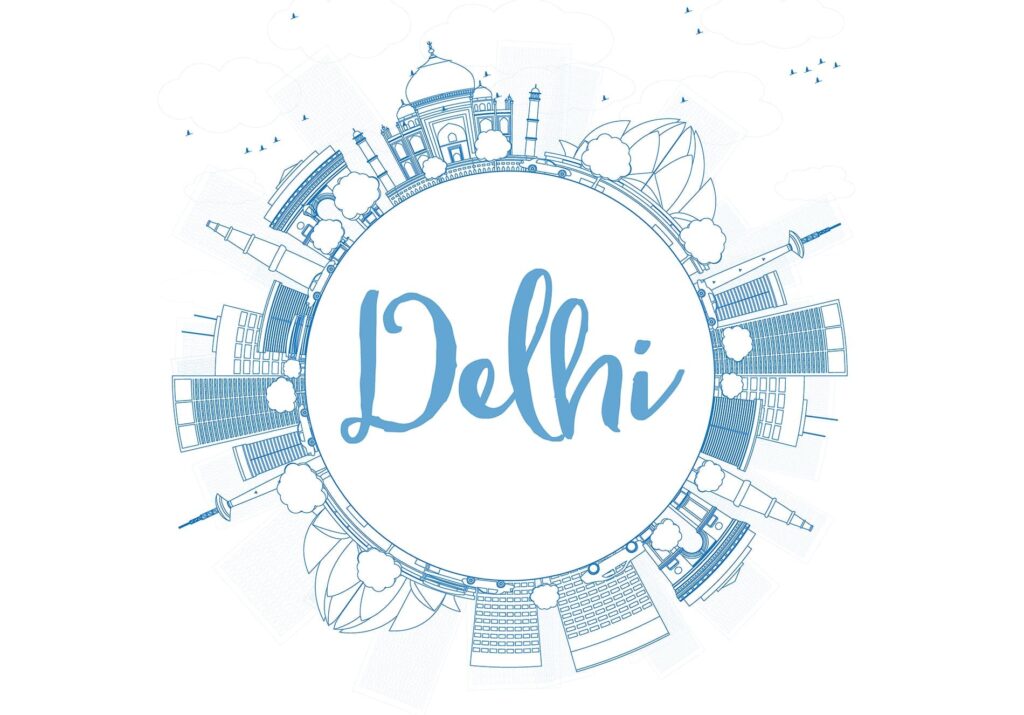 Outline delhi skyline with blue landmarks copy space