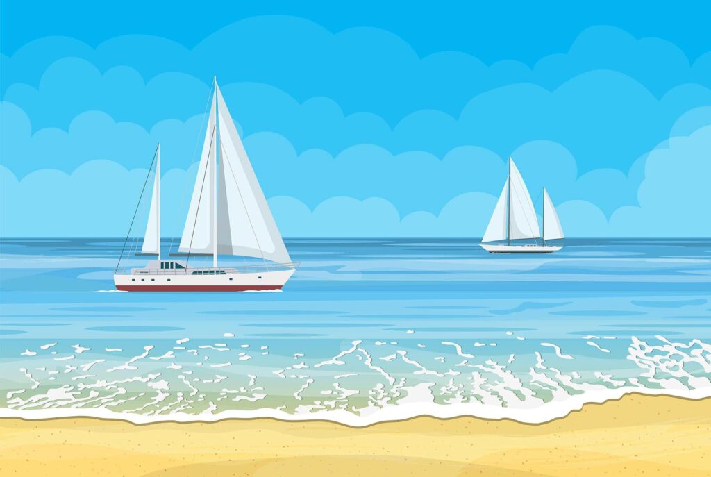 Paradise beach sea with yachts and sailboats