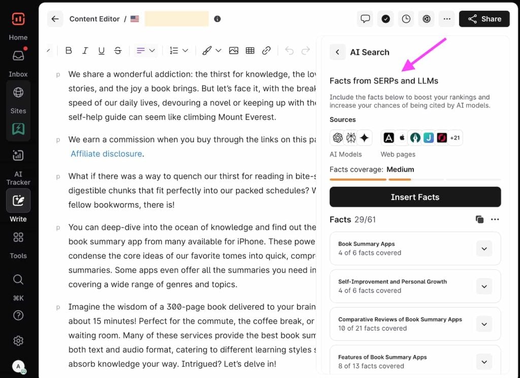 Surfer SEO - Content Editor - Facts from SERPs and LLMs