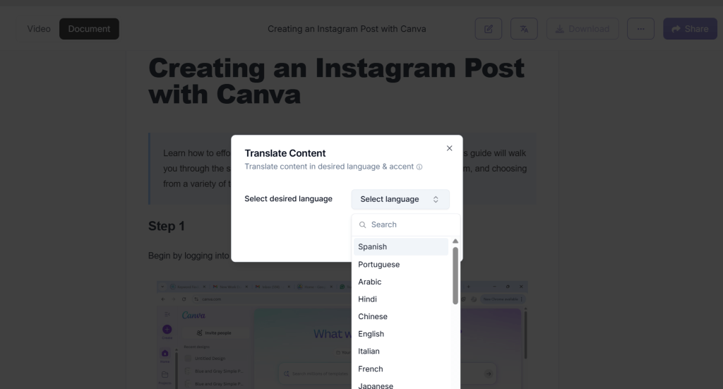Translate document content in desired language and accent - Trupeer AI