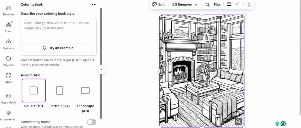 Canva coloring book user interface