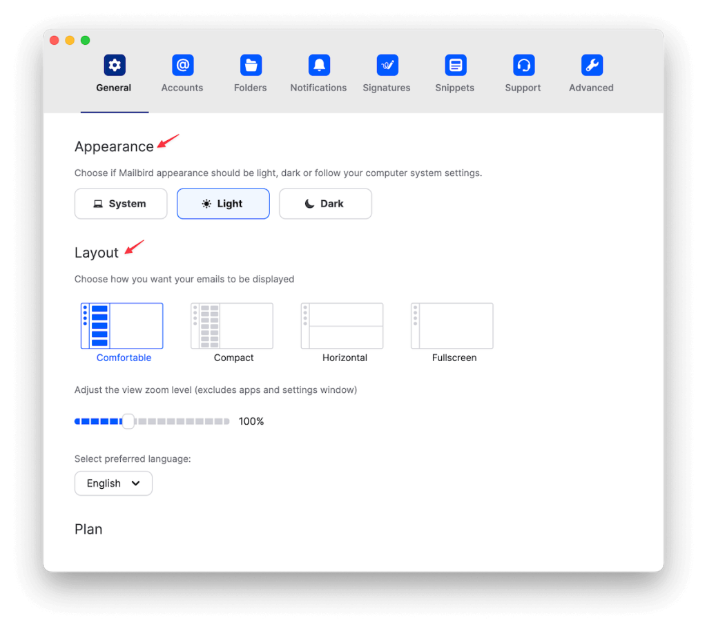 Mailbird general settings appearance layout