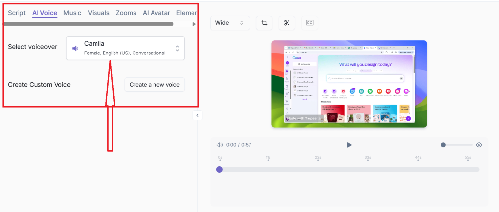 Create your own custom VoiceOver or select from the VoiceOver library - Trupeer AI