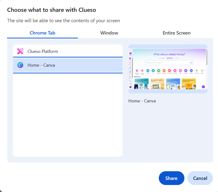 Clueso choose the browser tab start recording