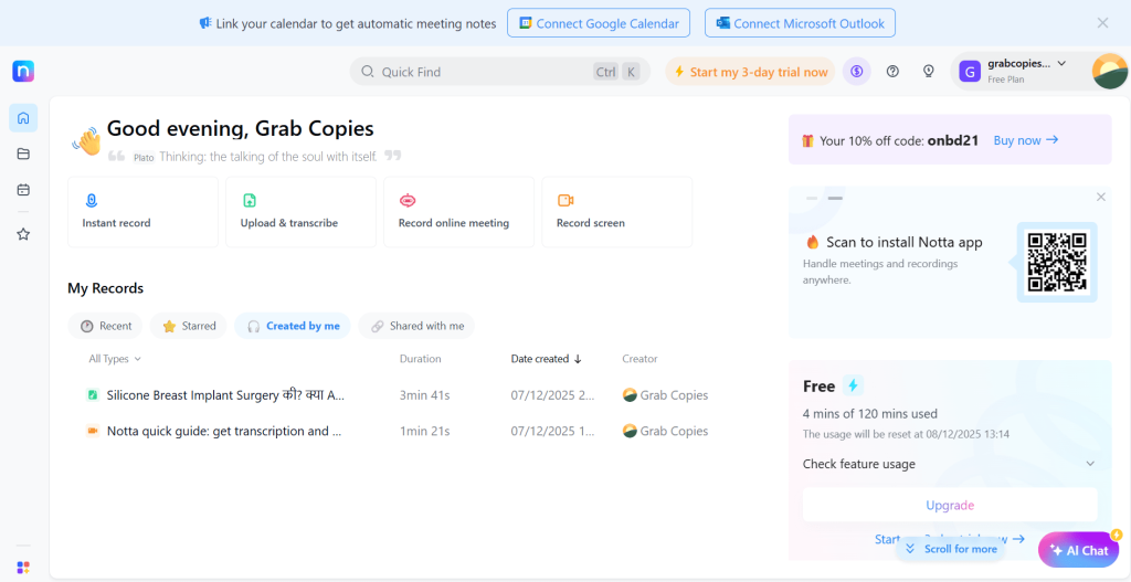 Notta dashboard