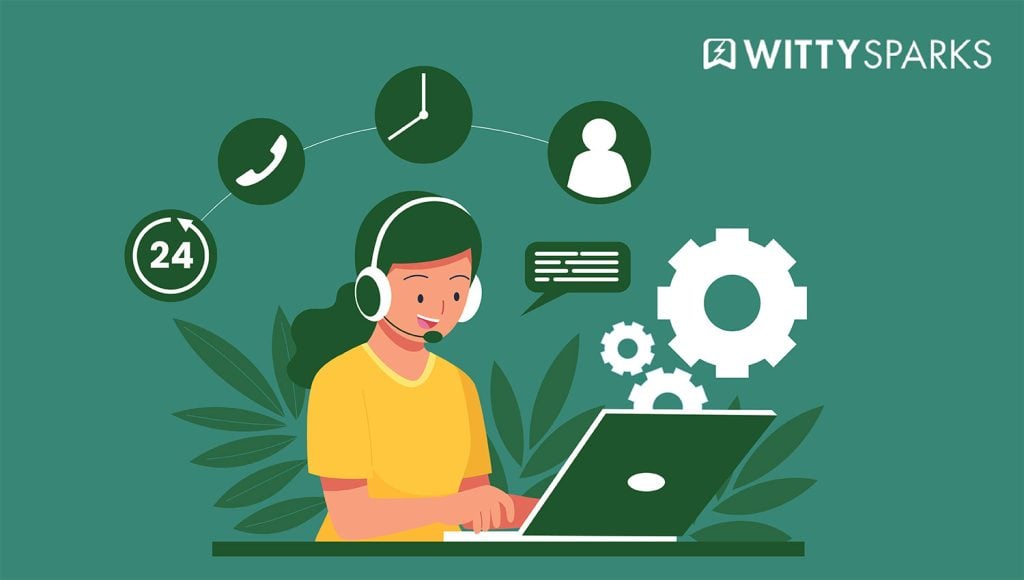 Illustration of a support representative with a headset providing 24/7 assistance on a laptop.