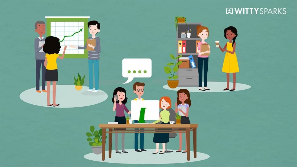 Illustration of IT teams collaborating, analyzing charts, and discussing performance metrics.