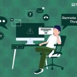 Remote device threats with a person sitting at a desk surrounded by digital alerts.