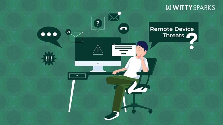 Remote device threats with a person sitting at a desk surrounded by digital alerts.