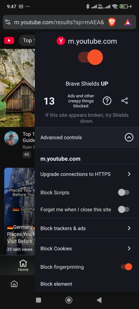 I Put 5 Android Mobile Browsers' Privacy Claims to the Test, Here's the Truth! 3 Brave browser mobile showing advanced Shields settings for YouTube, including options to block scripts, cookies, and fingerprinting.