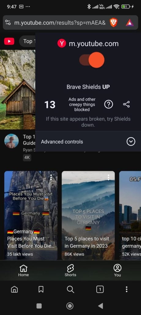 I Put 5 Android Mobile Browsers' Privacy Claims to the Test, Here's the Truth! 4 Brave browser mobile showing Shields Up protection on YouTube, blocking ads and tracking elements.