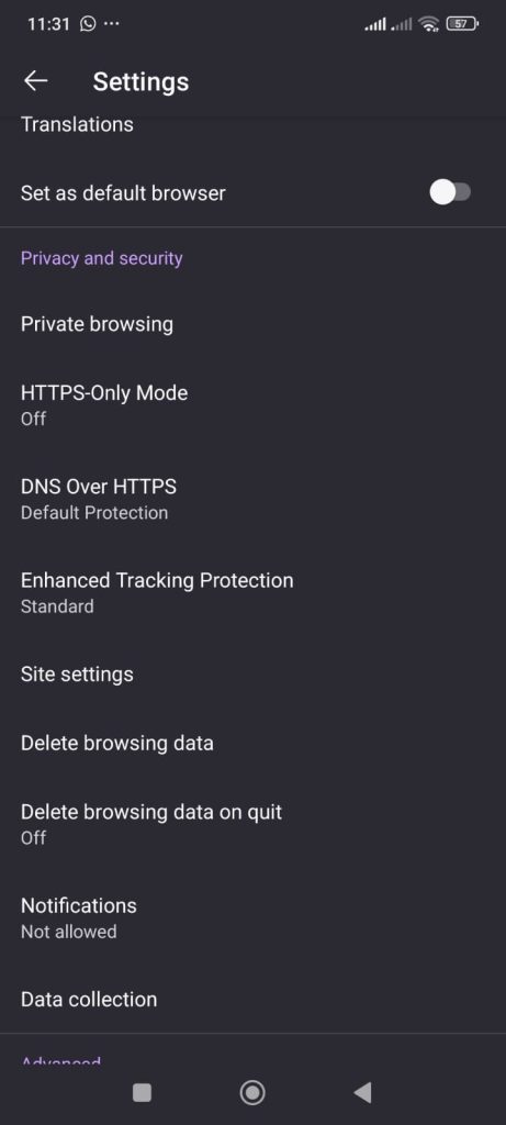 I Put 5 Android Mobile Browsers' Privacy Claims to the Test, Here's the Truth! 7 Firefox browser settings screen showing privacy and security options like HTTPS-only mode, DNS over HTTPS, and tracking protection.