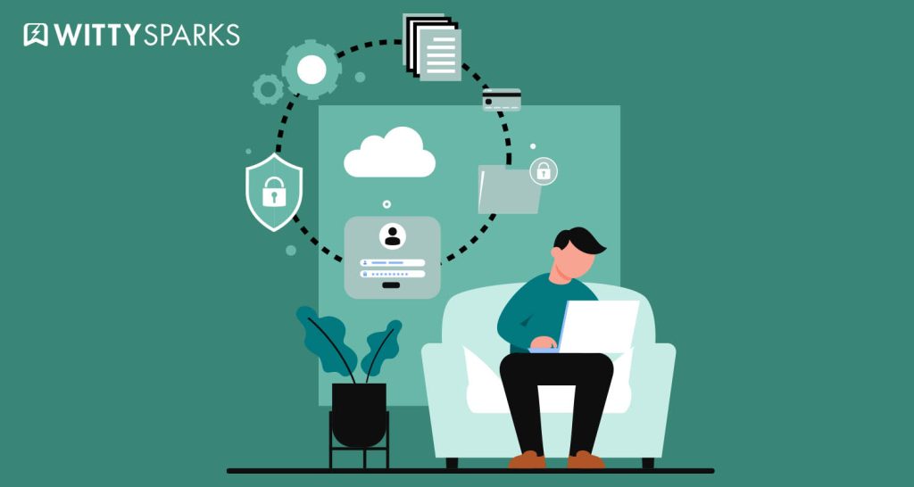 Illustration of a professional working remotely with icons showing cloud, shield, and secure access representing Privileged Access Management.