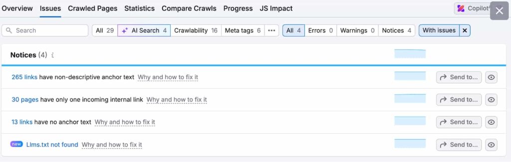 Comment optimiser la recherche sans clic et gagner en visibilité ? 6 Tableau de bord Semrush AI Search Audit montrant les problèmes de crawl des sites web et les opportunités d'optimisation pour une visibilité de recherche zéro-clic.
