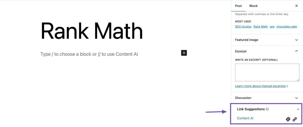 Ce paramètre SEO négligé peut améliorer votre visibilité dans les moteurs de recherche organiques du jour au lendemain. 8 Le panneau de suggestions de liens Rank Math s'affiche dans l'éditeur WordPress pour renforcer les liens internes et la visibilité dans le référencement organique.