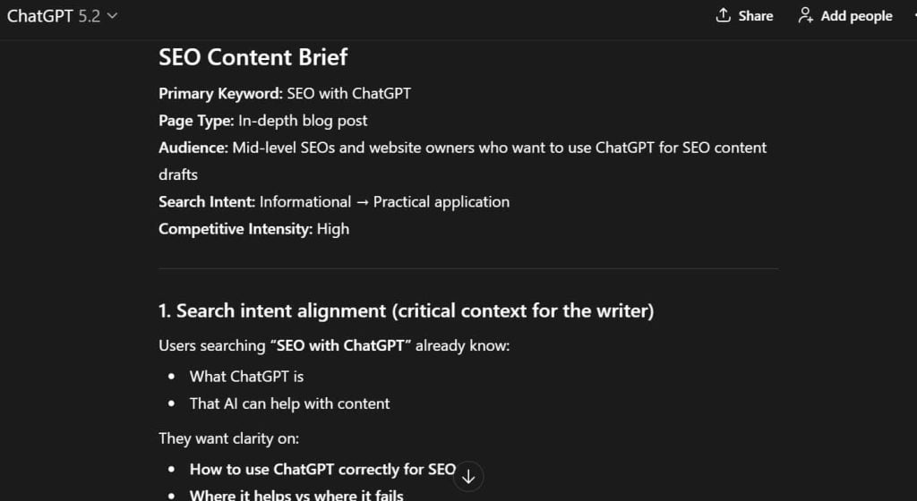 Prompts IA pour le SEO : Comment je fais du SEO avec l'IA ? 7 Brief de contenu SEO généré avec ChatGPT expliquant comment faire du SEO avec l'IA pour la planification de blog.