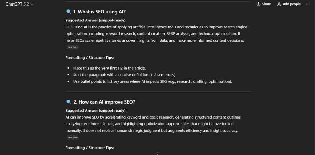 Prompts IA pour le SEO : Comment je fais du SEO avec l'IA ? 8 ChatGPT générant des réponses prêtes pour les extraits expliquant comment faire du SEO avec l'IA pour la visibilité de recherche