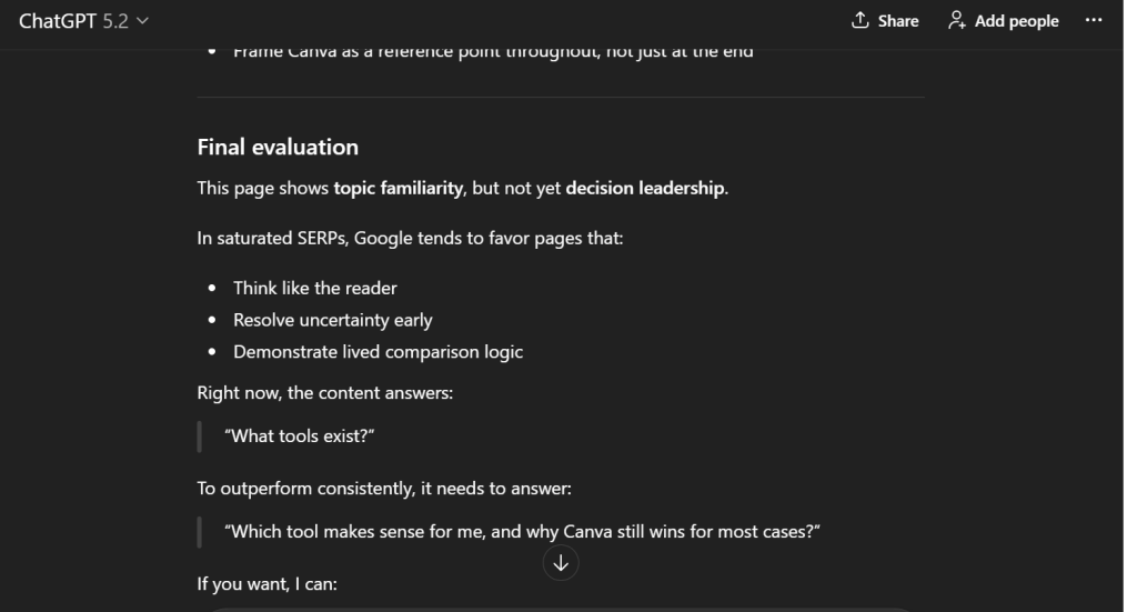 Prompts IA pour le SEO : Comment je fais du SEO avec l'IA ? 4 Audit de qualité de contenu basé sur l'IA mettant en évidence les lacunes de leadership décisionnel en utilisant comment faire du SEO avec l'IA