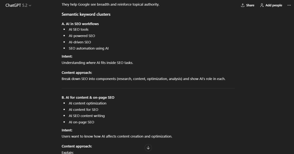 Prompts IA pour le SEO : Comment je fais du SEO avec l'IA ? 5 Prompt de clustering de mots-clés ChatGPT montrant comment faire du SEO avec l'IA avec des groupes de mots-clés sémantiques et l'intention de recherche