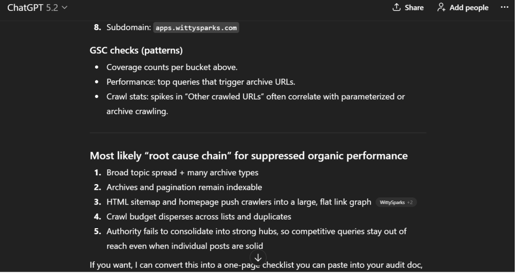 Prompts IA pour le SEO : Comment je fais du SEO avec l'IA ? 1 Analyse diagnostique SEO montrant le budget d'exploration, les modèles d'indexation et les problèmes d'autorité en utilisant comment faire du SEO avec l'IA