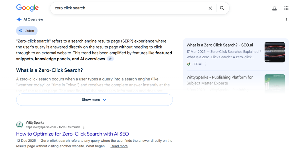 Prompts IA pour le SEO : Comment je fais du SEO avec l'IA ? 2 Aperçu Google AI montrant un résultat de recherche zéro clic pour une requête optimisée en utilisant comment faire du SEO avec l'IA