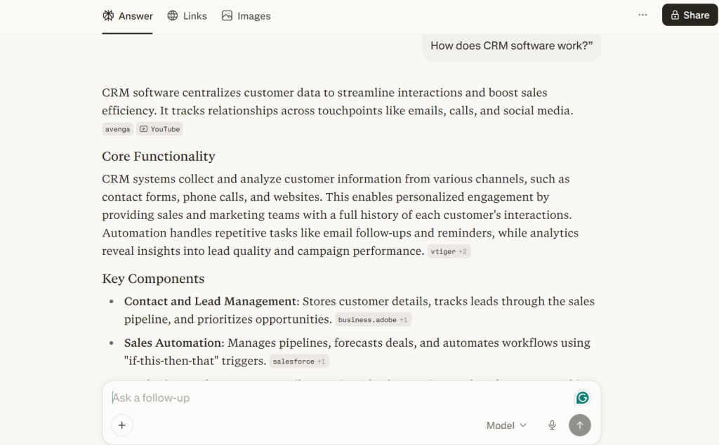 A Complete AEO Guide To Dominate the Answer Engine Citations! 4 AI-generated explanation showing CRM software functionality and key components