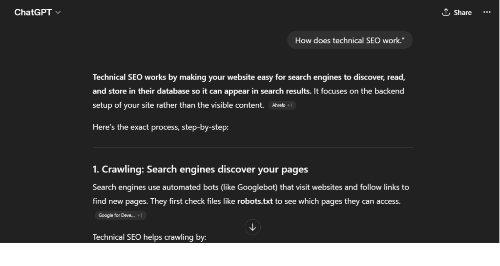 A Complete AEO Guide To Dominate the Answer Engine Citations! 6 ChatGPT chat interface explaining technical SEO process and crawling steps