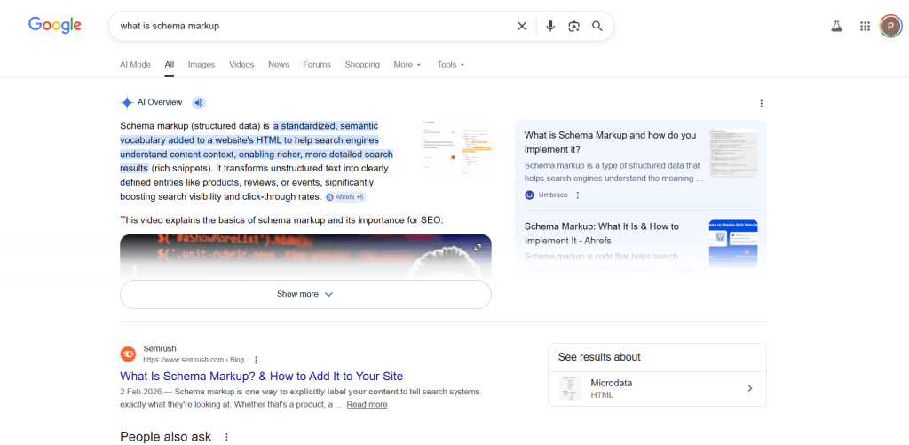 A Complete AEO Guide To Dominate the Answer Engine Citations! 3 Google search AI Overview showing schema markup definition and structured data explanation