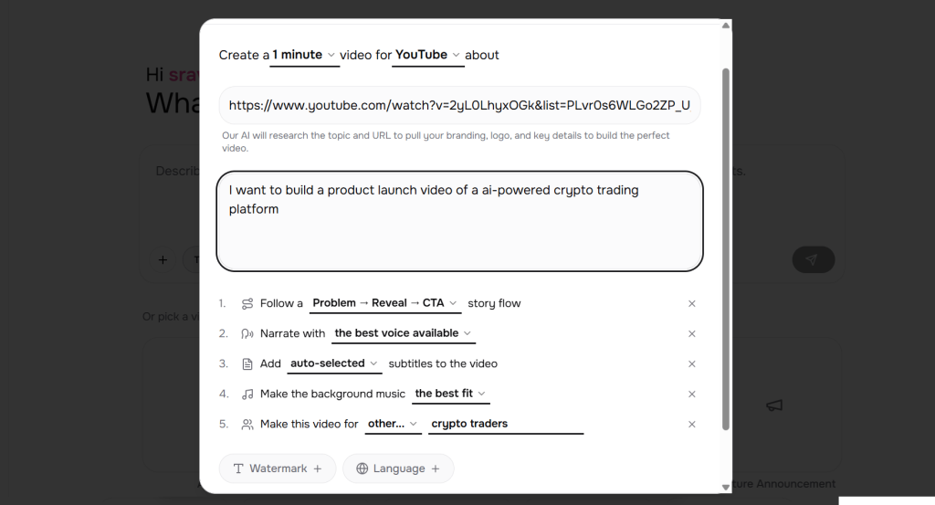 I Tried Ngram AI to Make a Product Demo Video. The Workflow Surprised Me. 5 ai video tool interface configuring video length, narration, subtitles, music, and audience