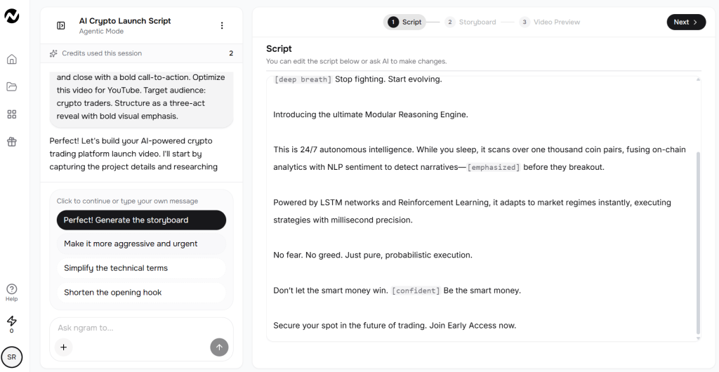 I Tried Ngram AI to Make a Product Demo Video. The Workflow Surprised Me. 7 ai video tool Ngram script editor showing AI-generated video script with editing controls