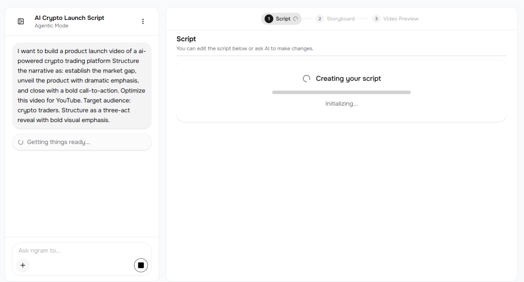 I Tried Ngram AI to Make a Product Demo Video. The Workflow Surprised Me. 6 ai video tool Ngram generating a video script automatically from a product launch prompt