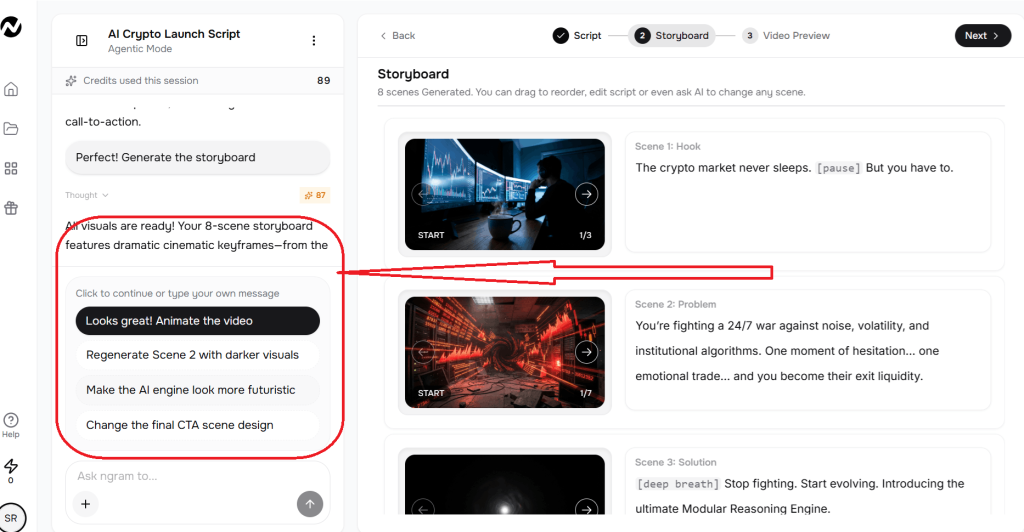 I Tried Ngram AI to Make a Product Demo Video. The Workflow Surprised Me. 10 ai video tool Ngram generating storyboard scenes and cinematic keyframes from script