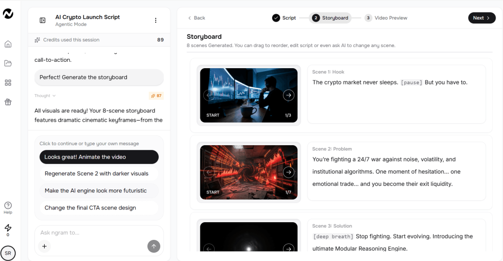 I Tried Ngram AI to Make a Product Demo Video. The Workflow Surprised Me. 9 ai video tool Ngram storyboard editor showing generated scenes, scripts, and video preview workflow