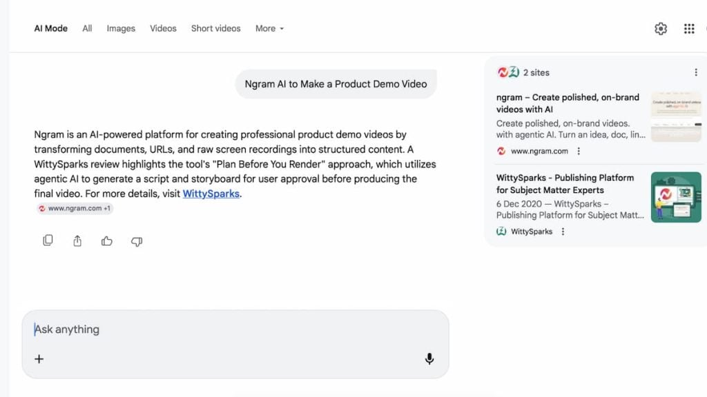6-Step LLMO Checklist to Make AI Recommend Your Content 3 LLMO example with WittySparks cited in AI result for ngram AI review