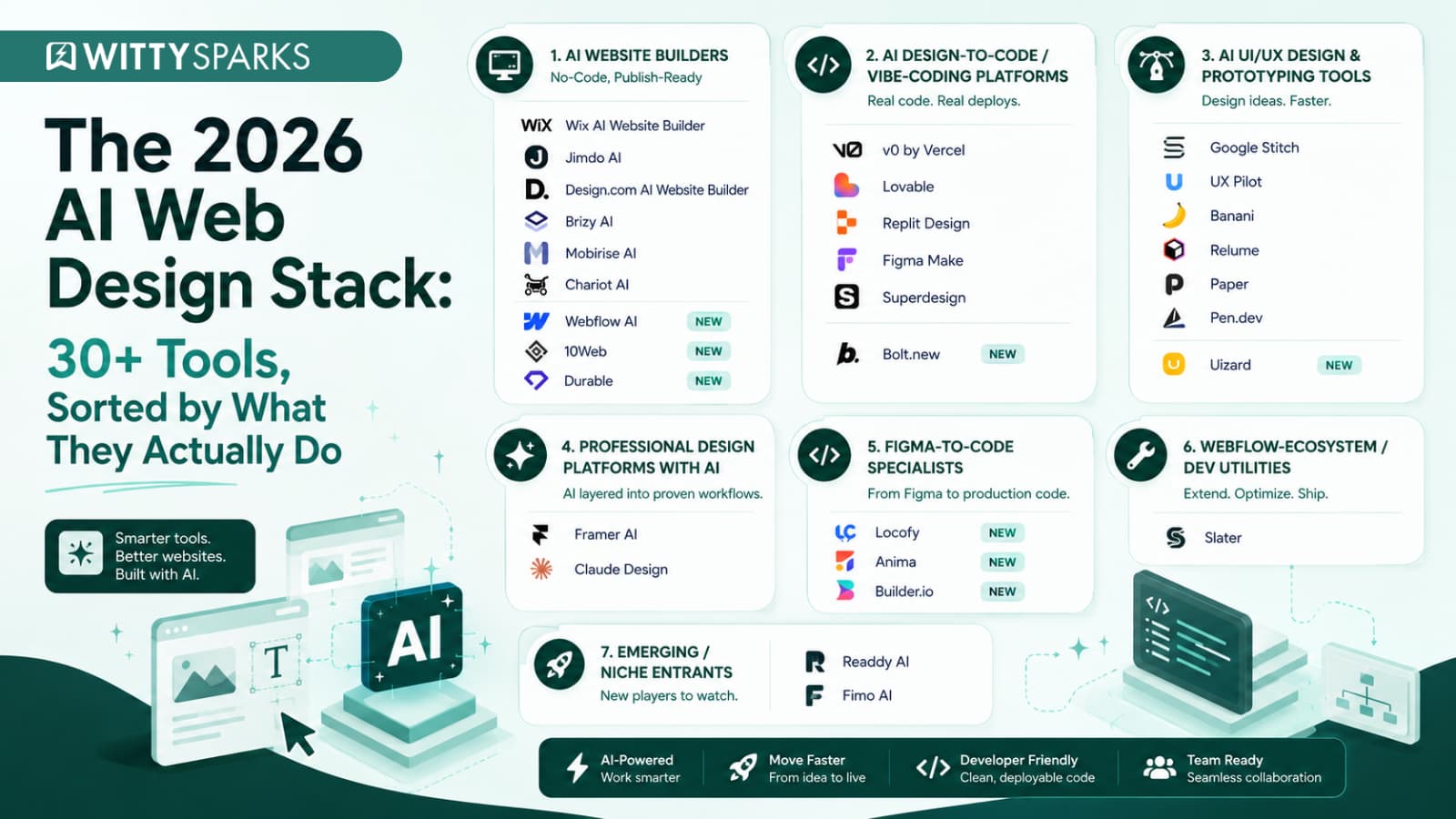 AI Web Design Stack: 30+ Tools, Sorted by What They Actually Do 2 Latest AI web design tools compared